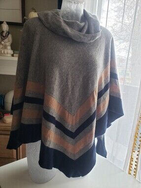 BCBGMaxAzria Wool Gray, Navy & Tan Striped Poncho